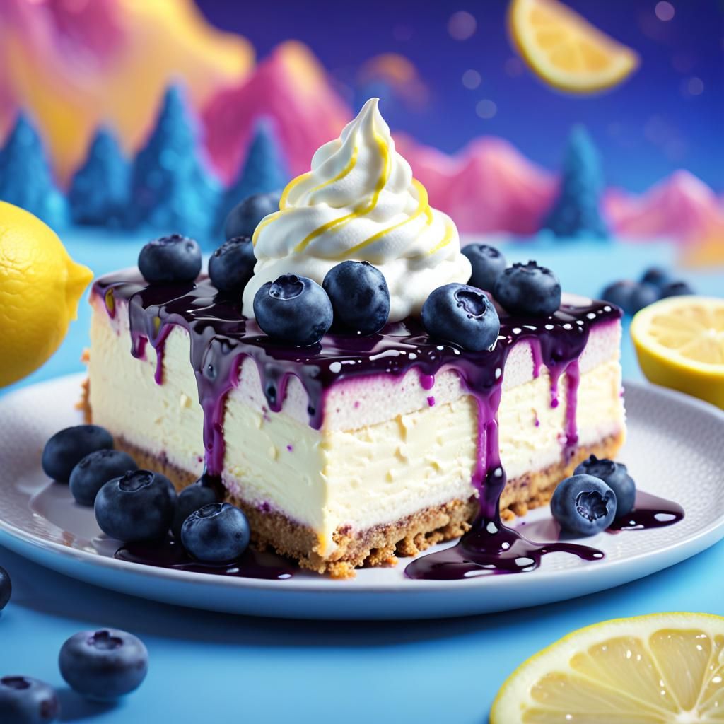 Hyperrealistic Lemon Blueberry Cheesecake with Lemon Syrup