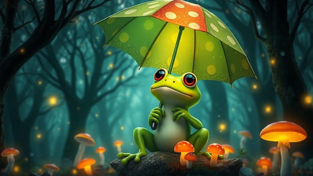 Whimsical Woodland Frog with Polka-Dot Umbrella in Ethereal...