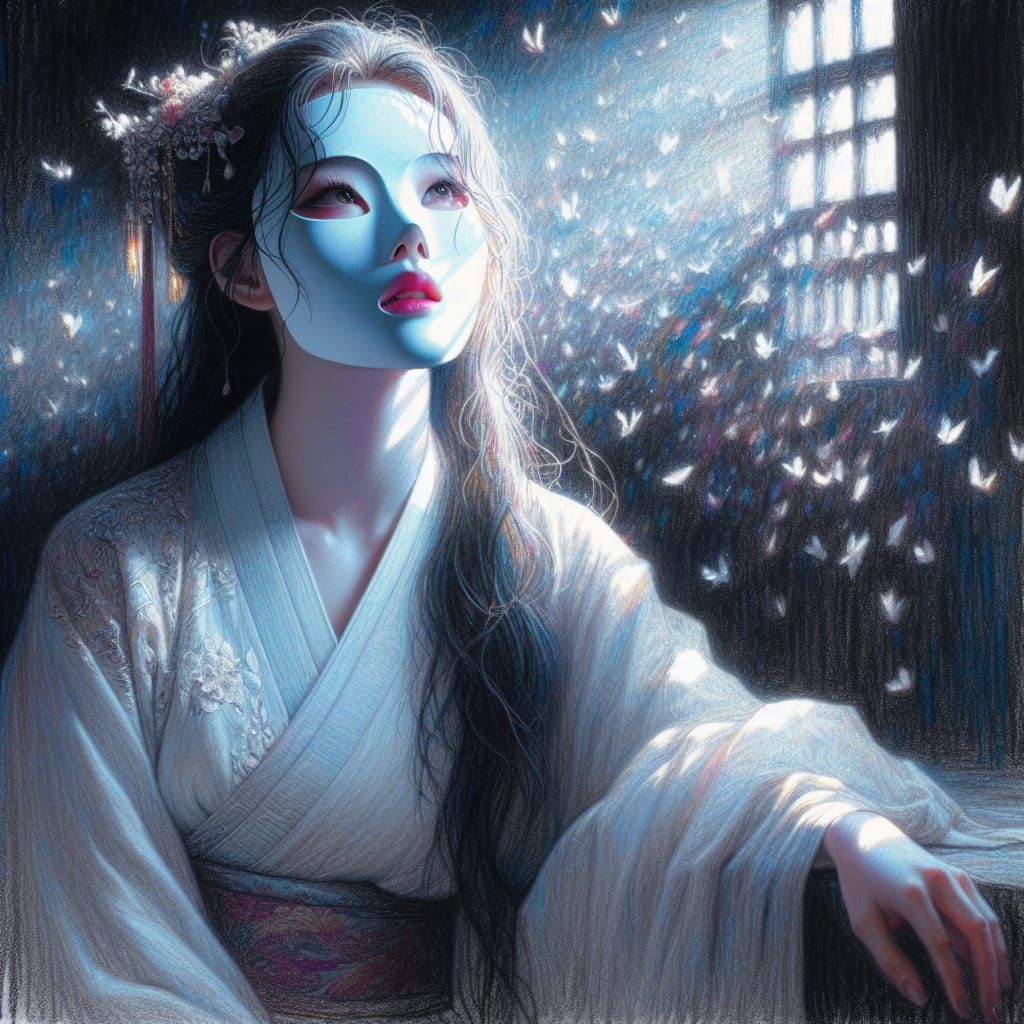 Woman in White Mask: Pastel Manhwa Concept Art
