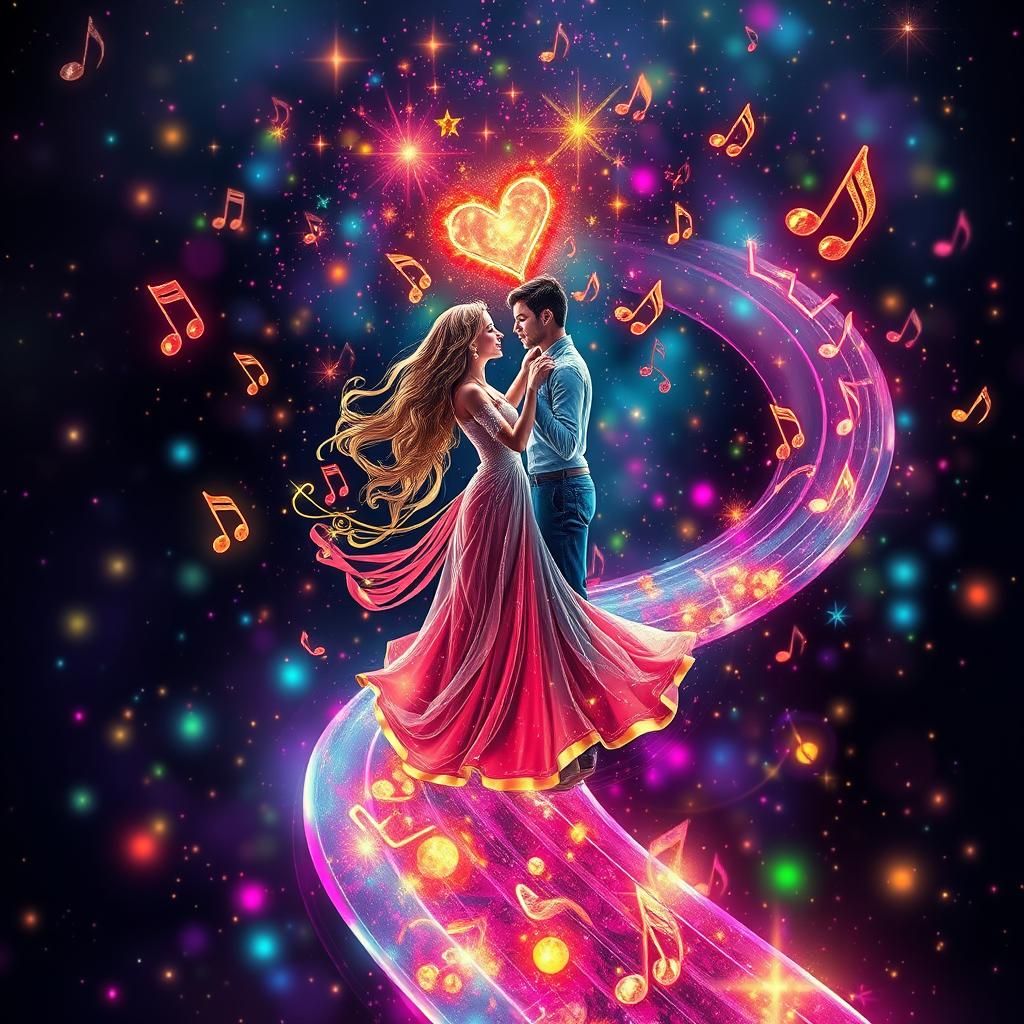 Romantic Couple Dancing with Neon Music Notes