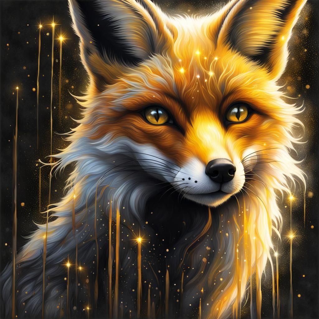 Fantasy Fox Pencil Drawing with Gold Accents