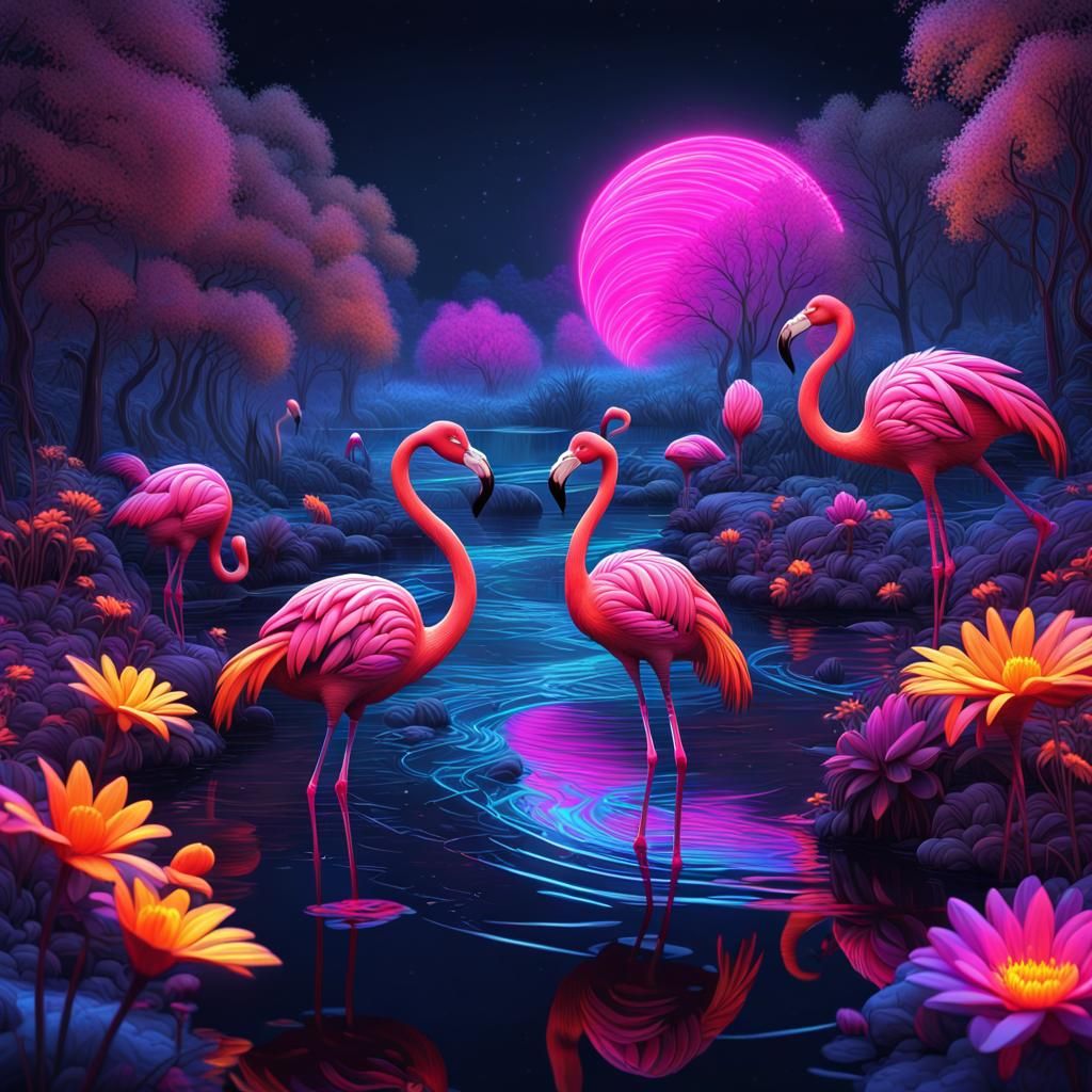 Black light art, flamingos