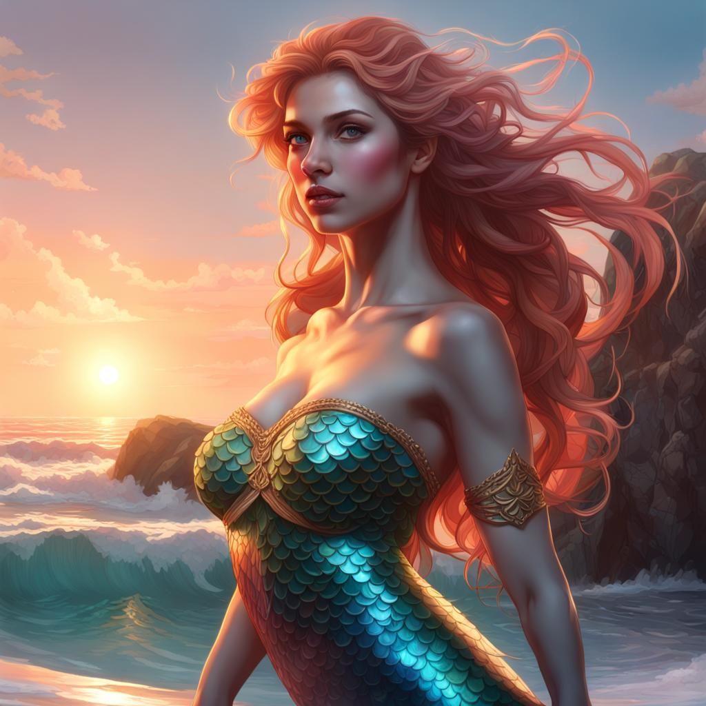 Mermaid Sunset: Hyperdetailed Portrait in Artgerm Style