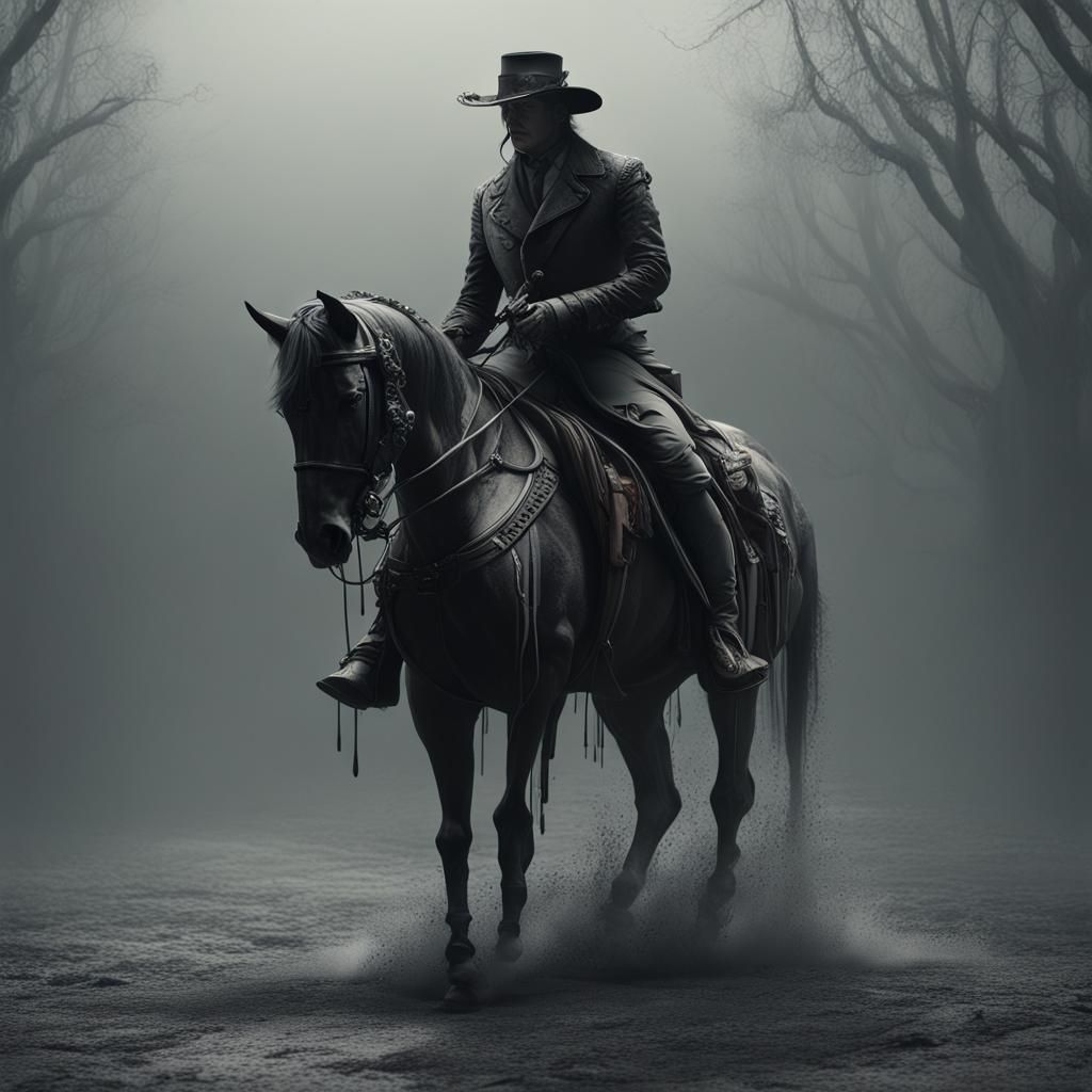 Rider of Death on Foggy Horse in Film Noir Lighting