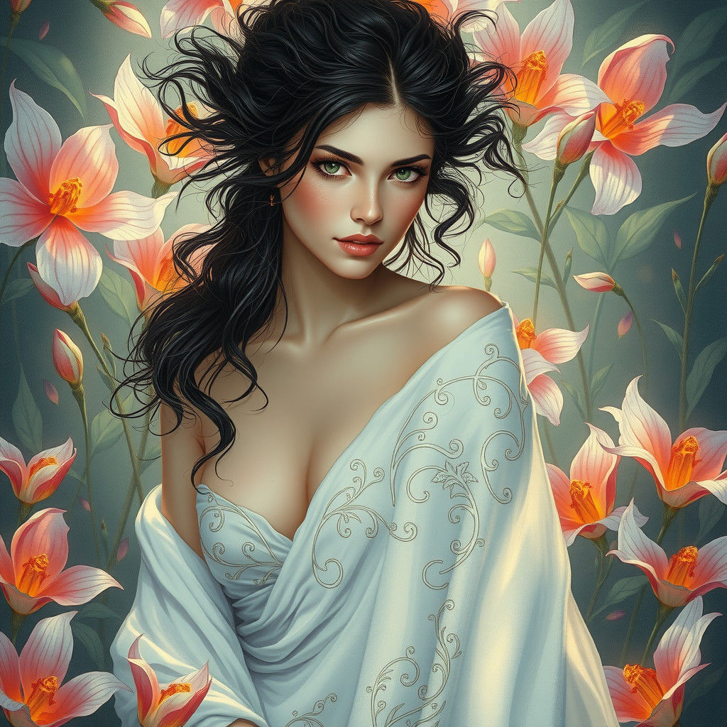 Mystical Lighting Goddess in a Floral Garden