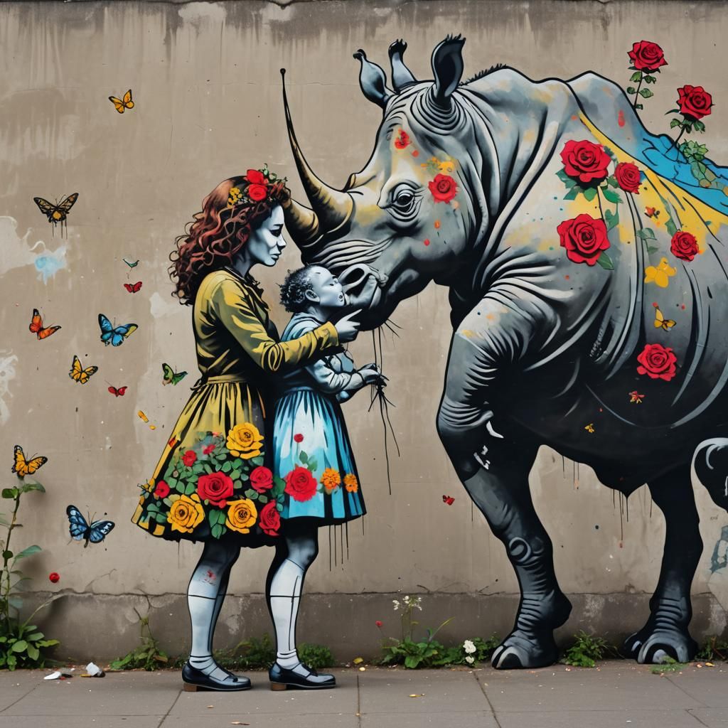 Banksy-Style Street Art: Humanoids and Rhinoceros