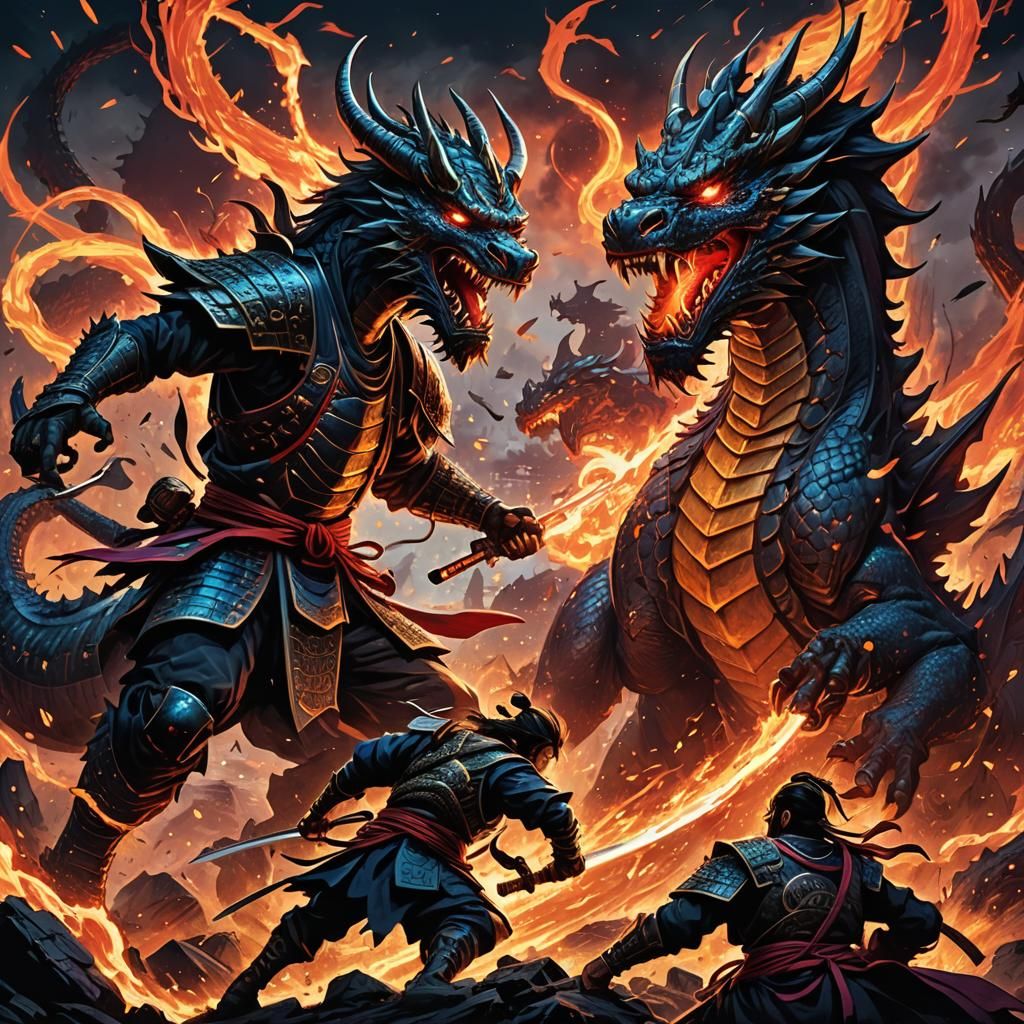 Samurai Battles Dragon in Neon Comic Book Art