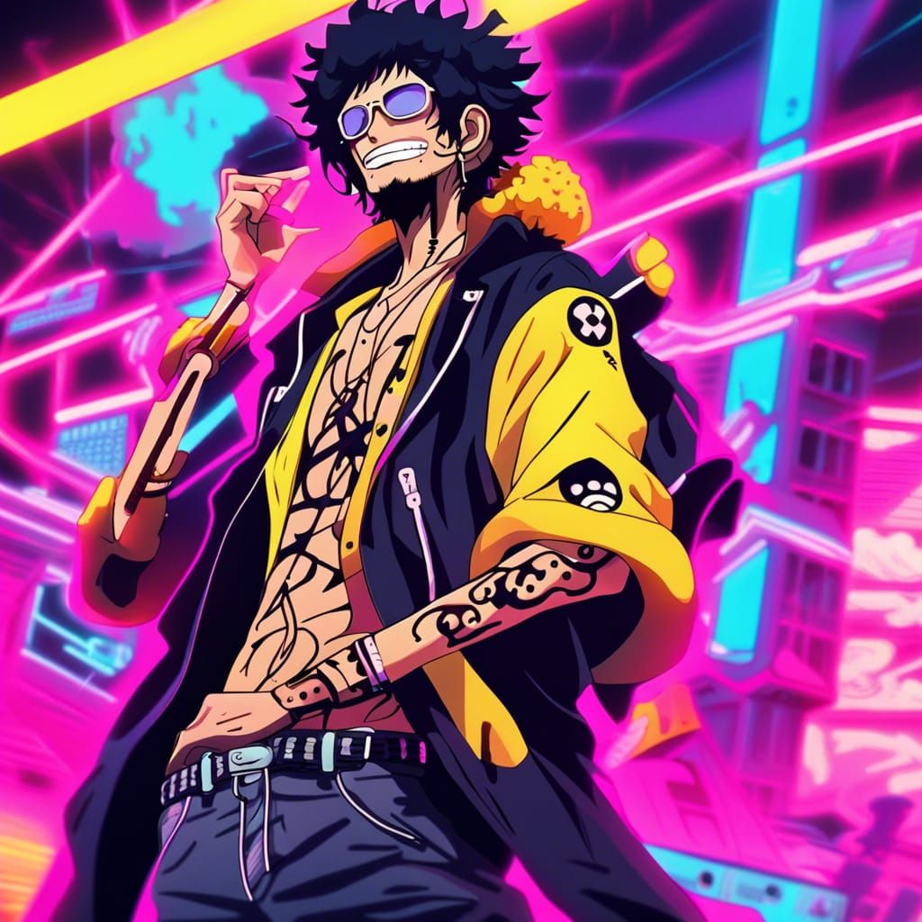 Trafalgar Law in Synthwave Neon Retro Style