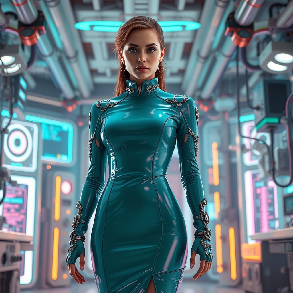 Woman in Teal Latex Dress in Futuristic Lab