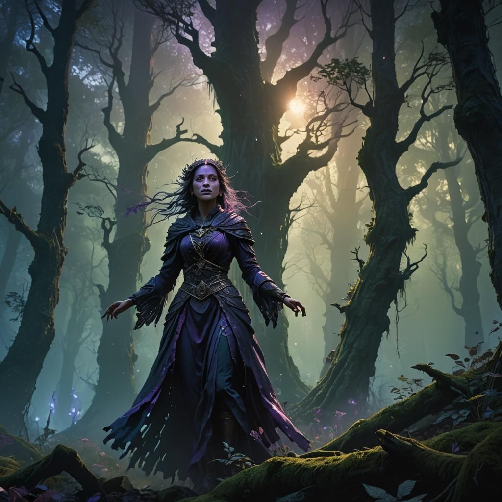 Ethereal Female Apparition in Dark Fantasy Forest