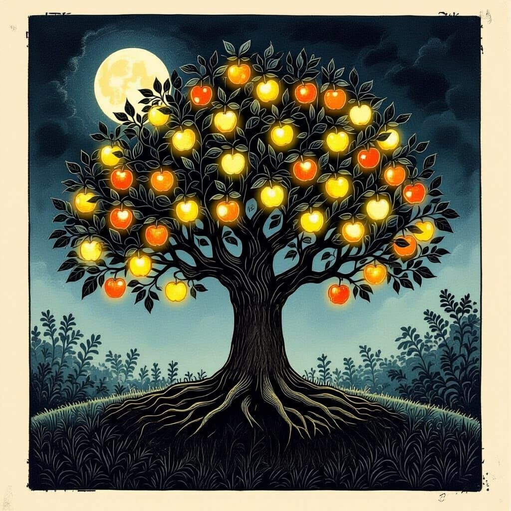 Enchanted Apple Tree in Moonlit Garden Woodcut