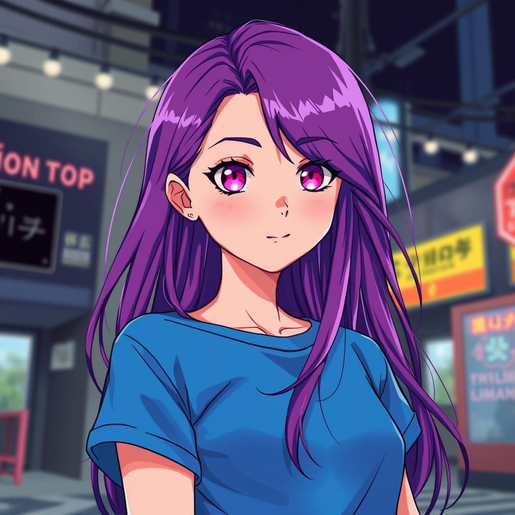 Manga Style Girl with Purple Hair and Pink Eyes