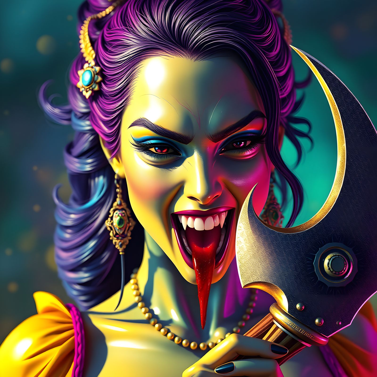 Blue Woman with Fangs and Axe in Hyperreal Style