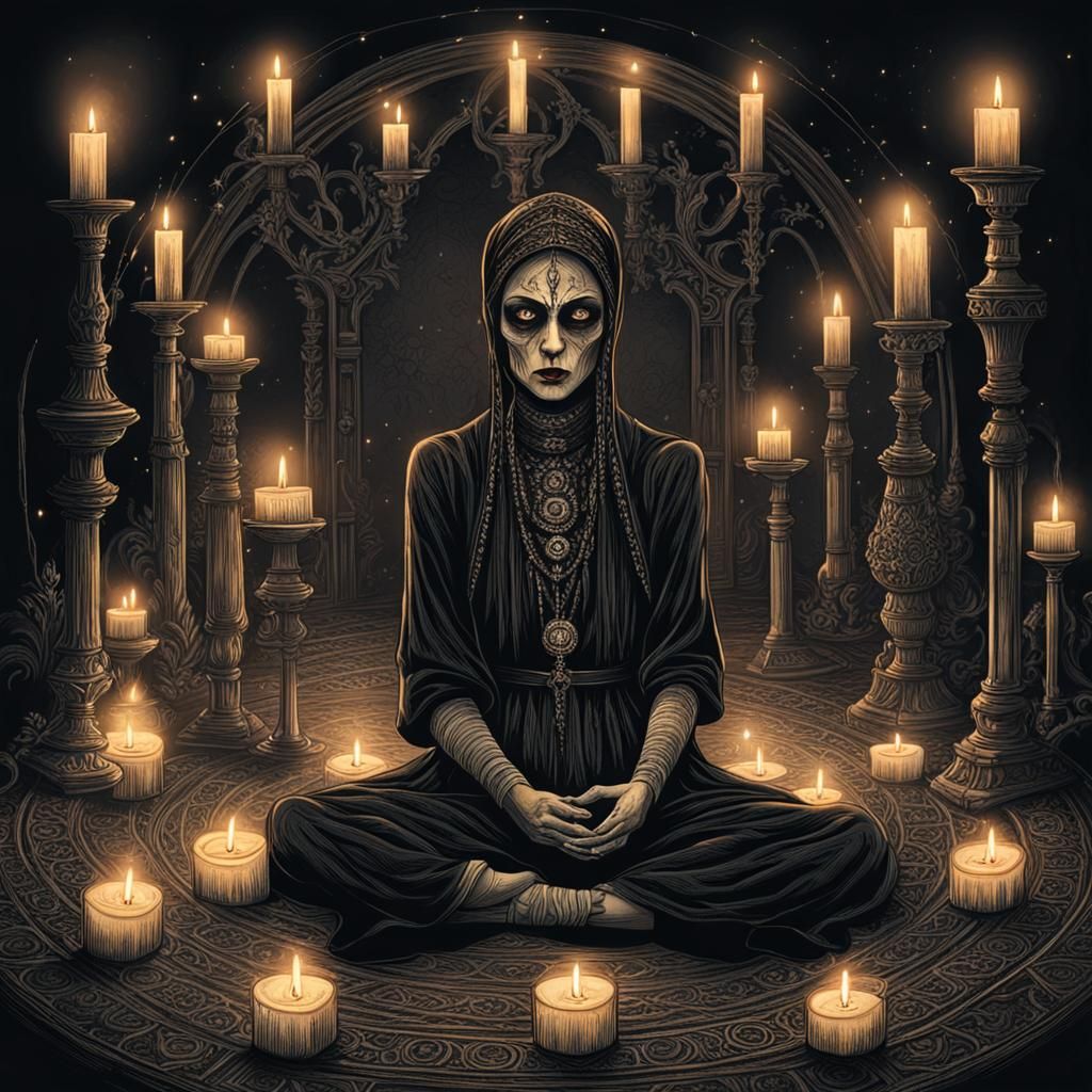 Macabre Woman in Candle Circle: Intricate Dark Art