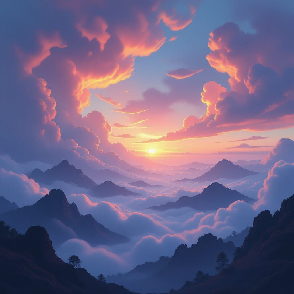 Surreal Dreamscape with Swirling Clouds and Distant Mountain...
