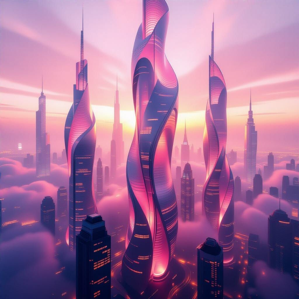 Futuristic Pink Skyscrapers in Ethereal Glow