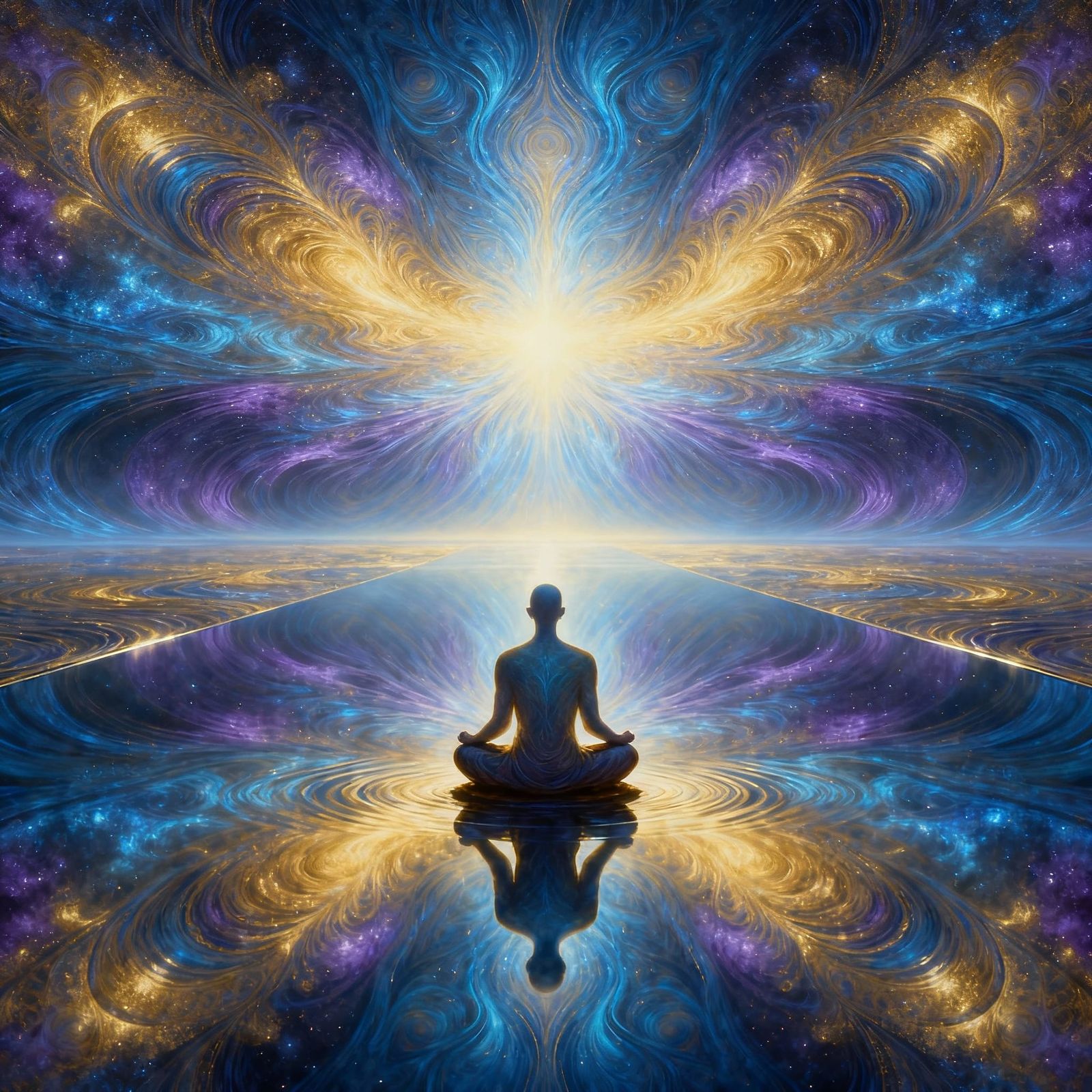 Meditative Figure Reflects Infinite Cosmic Light