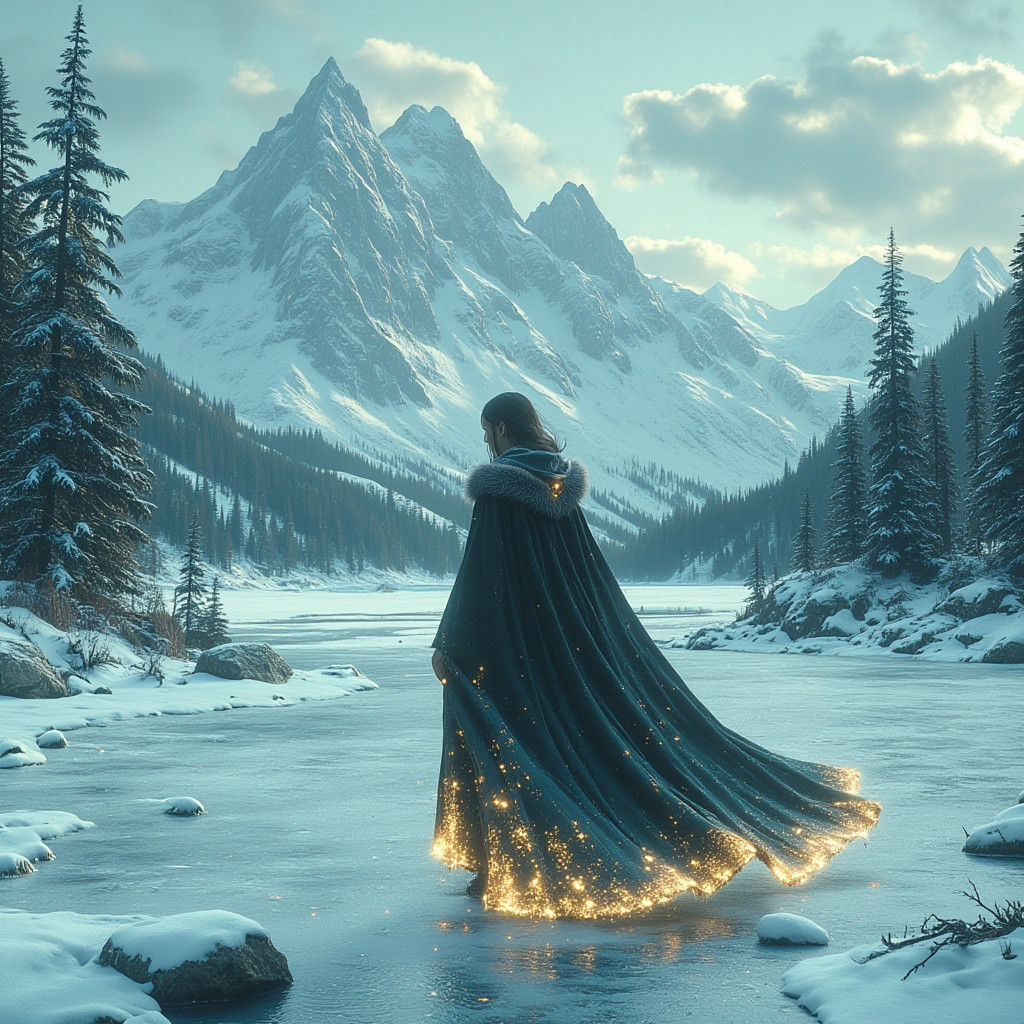 Nordic Winter Scene: Woman Skating on Frozen Lake