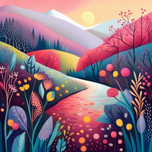 Colorful Dreamscape Painting in Blues, Pinks, and Purples