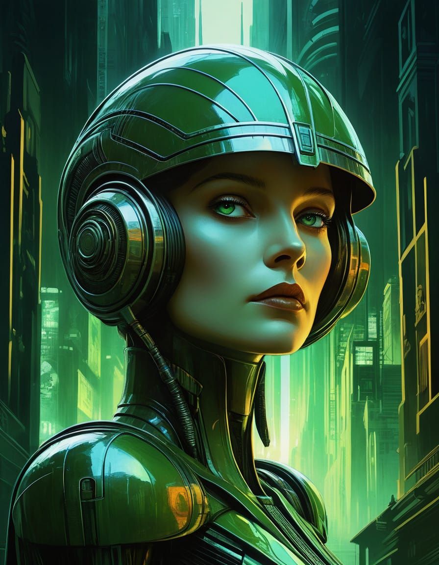 Metropolis Cityscape Portrait of Maria in Vibrant Green Hues