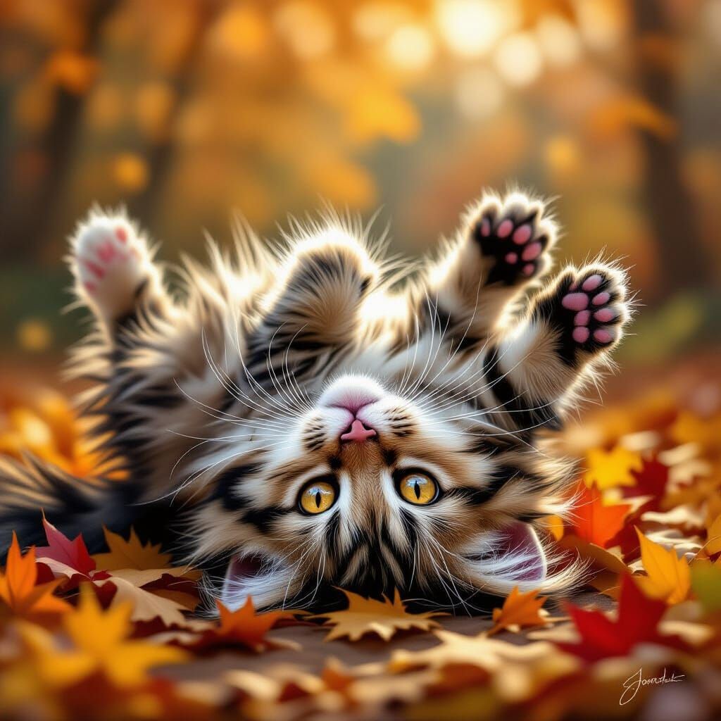 Charming Kitten Playing in Autumn Foliage