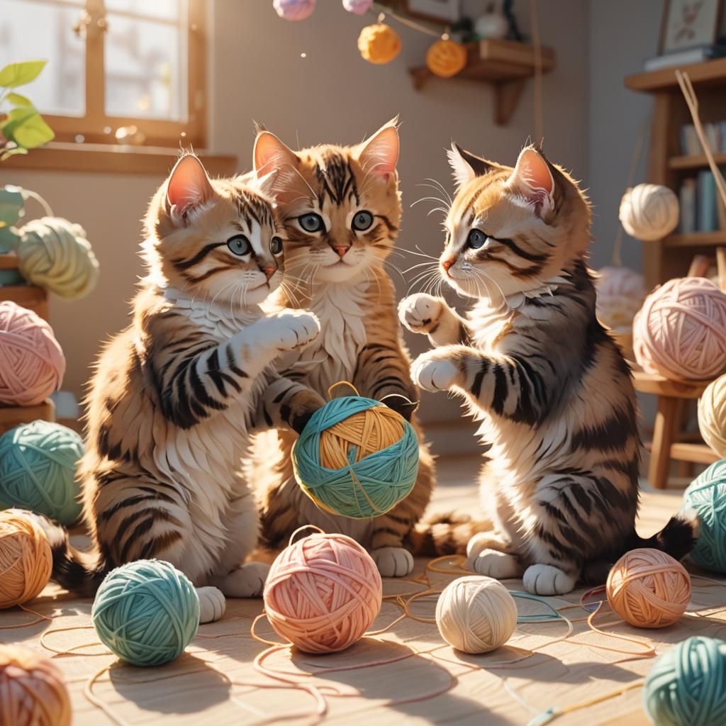 Anime Kittens Play in Sunlit Room