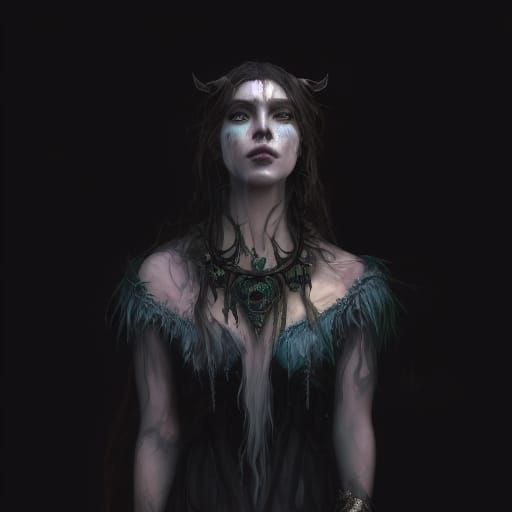 Dark Druid Shaman Woman Portrait in Forest