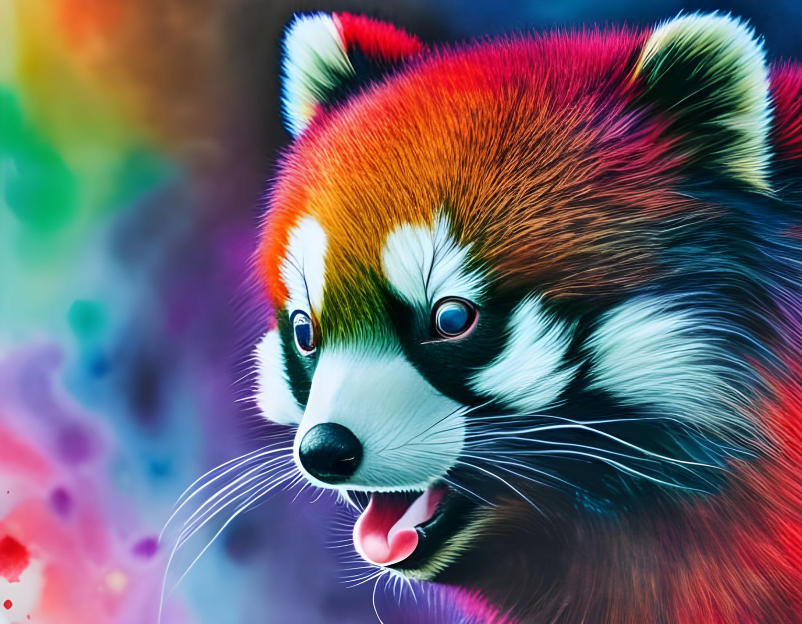 Iridescent Red Panda Watercolor in Alienpunk Style