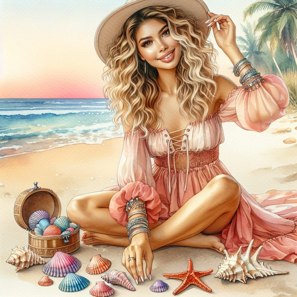 Summer Beach Scene: Hispanic Woman in Bohemian Dress