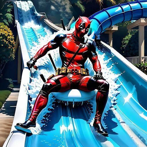 Deadpool's Water Park Adventure in Hyperrealistic Style