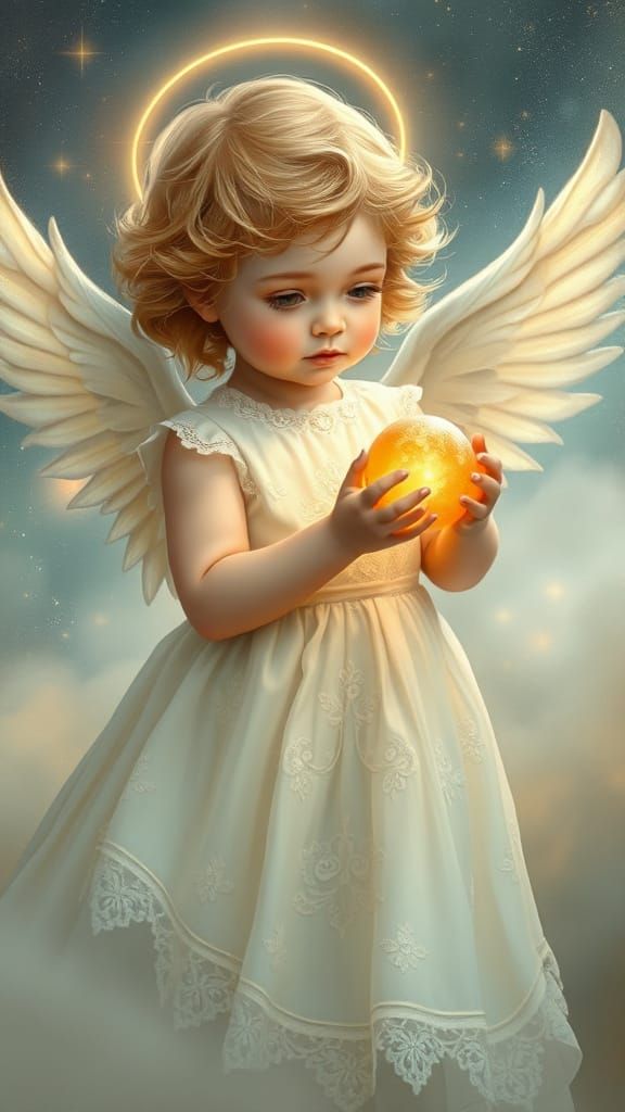 A cherubic child in a flowing white dress and delicate wings, holding a small object gently. She has soft curls and an e...