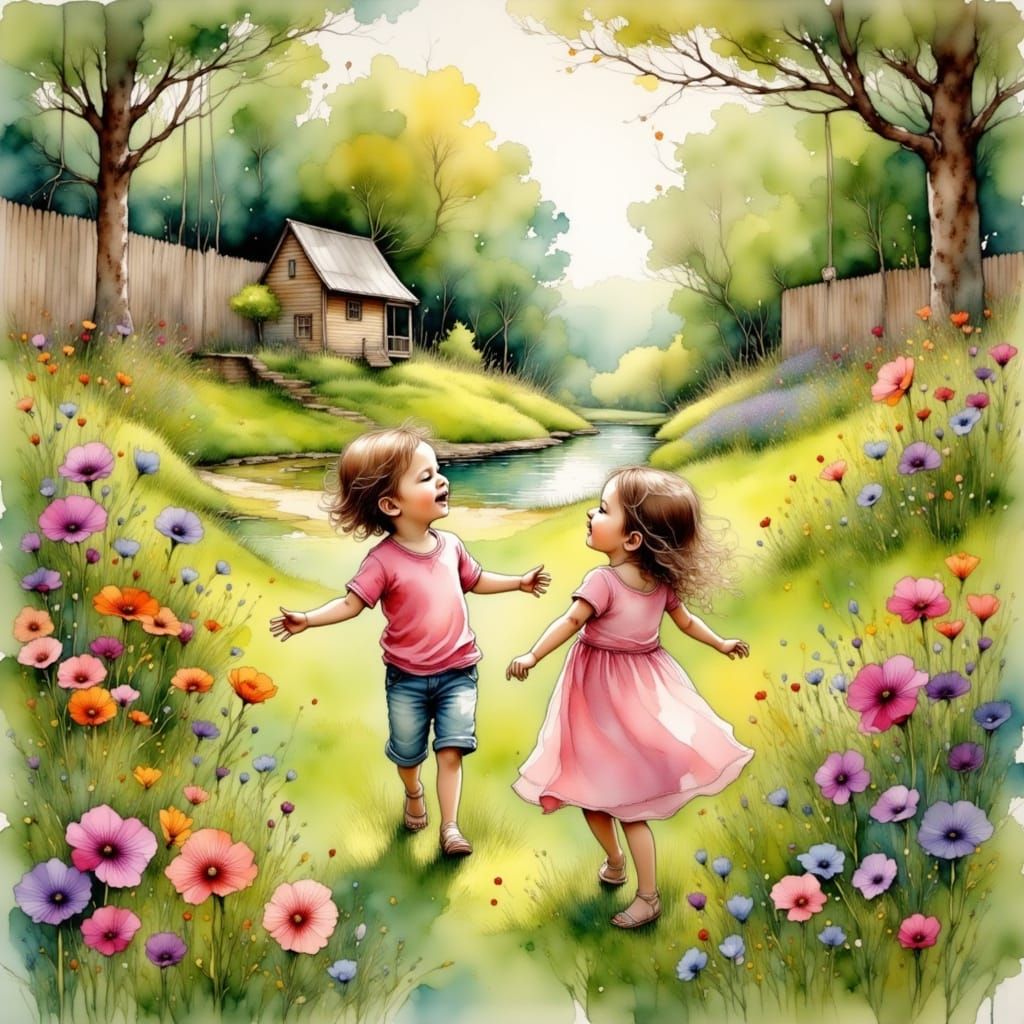 Children Playing in Sunny Backyard, Composite Photography