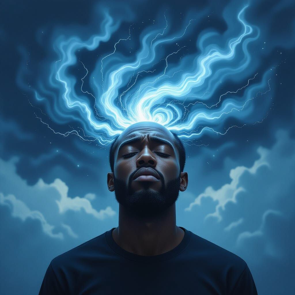 Surreal Black Man's Mind Unveiled in Stormy Sky