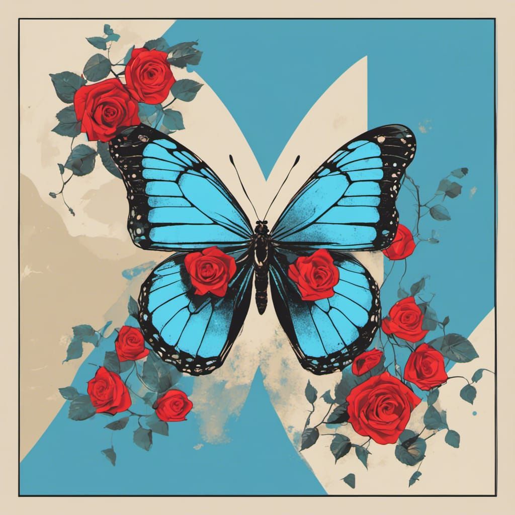Butterfly on Blue Flag with Roses in Pop Art