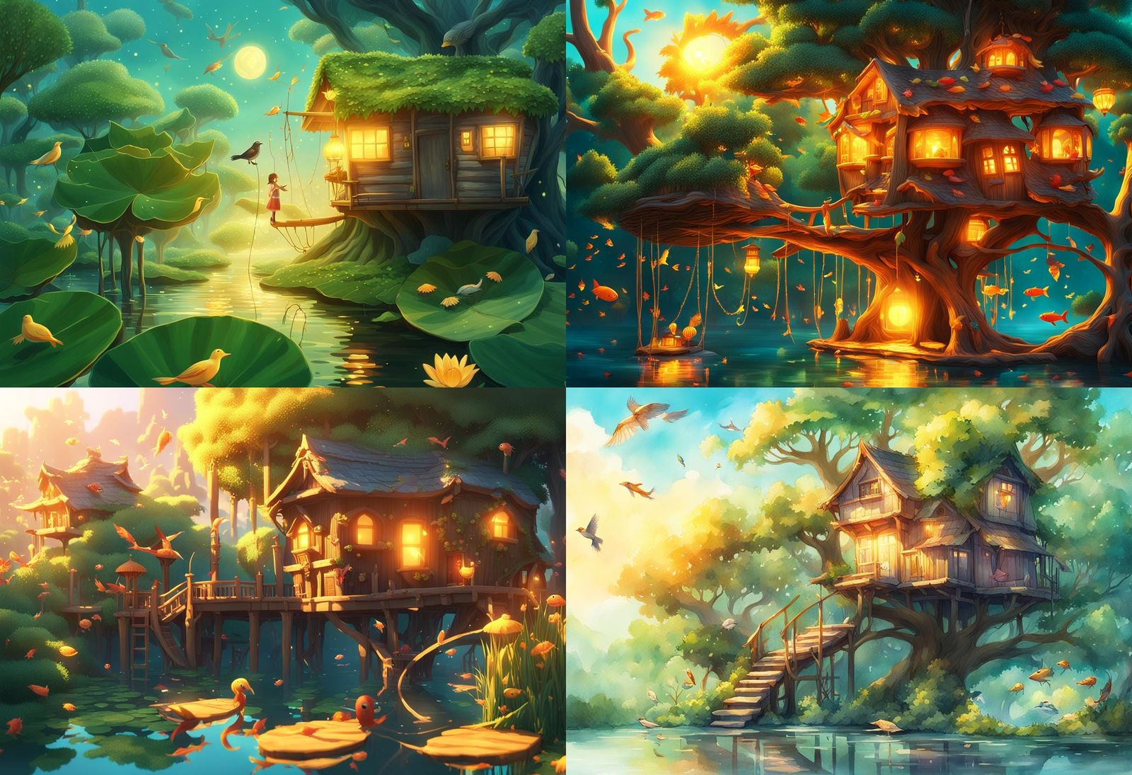 Sunlit Treehouse with Ponds in Anime Style