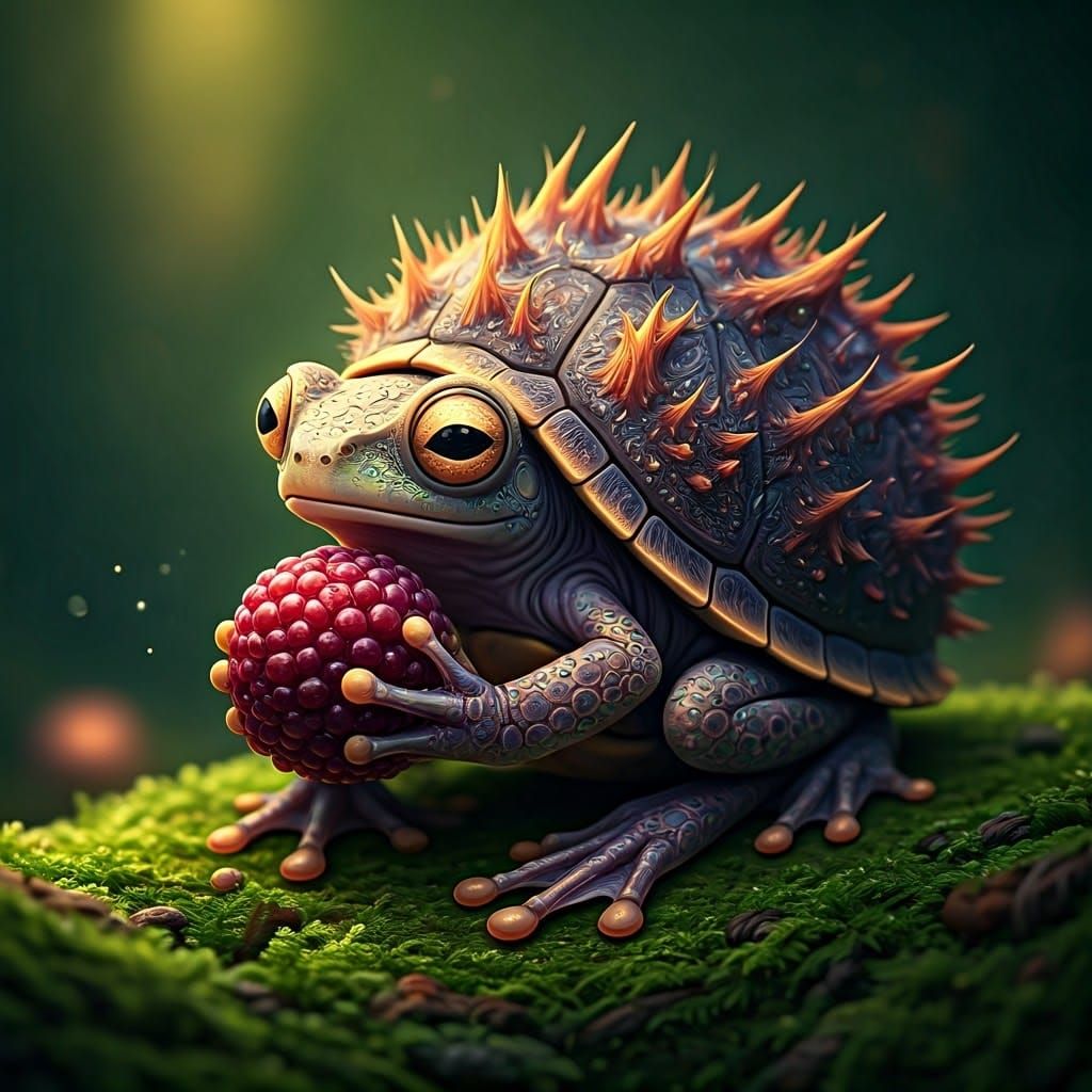 Adorable Frog-Tortoise Creature with Berry, Maximalist Art