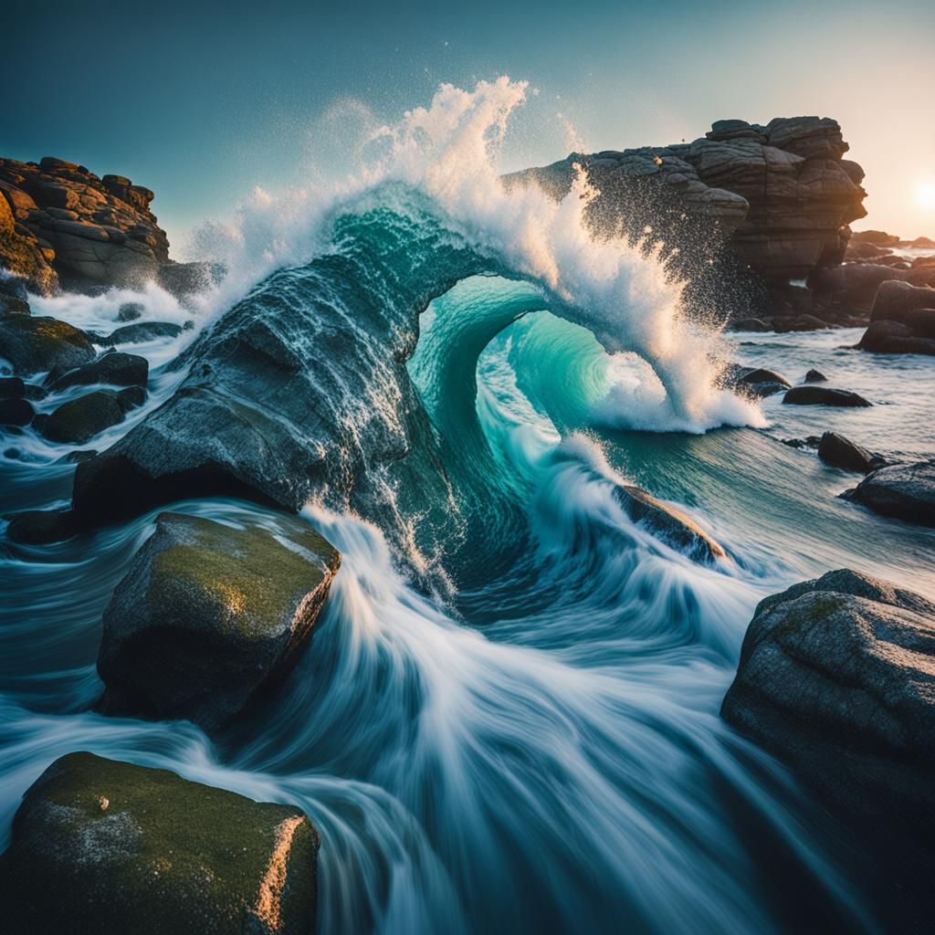 Crashing Blue Ocean Wave at Golden Hour