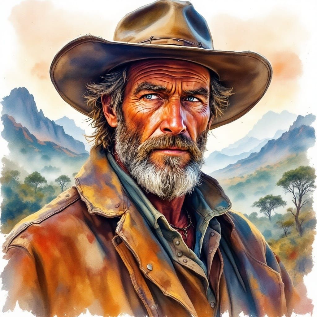 A ruggedly handsome swagman, the man from Snowy River stands tall against a backdrop of mist-shrouded mountains and wild...