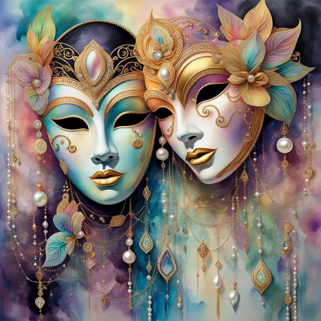 Comedy and Tragedy Masks in Watercolor Style