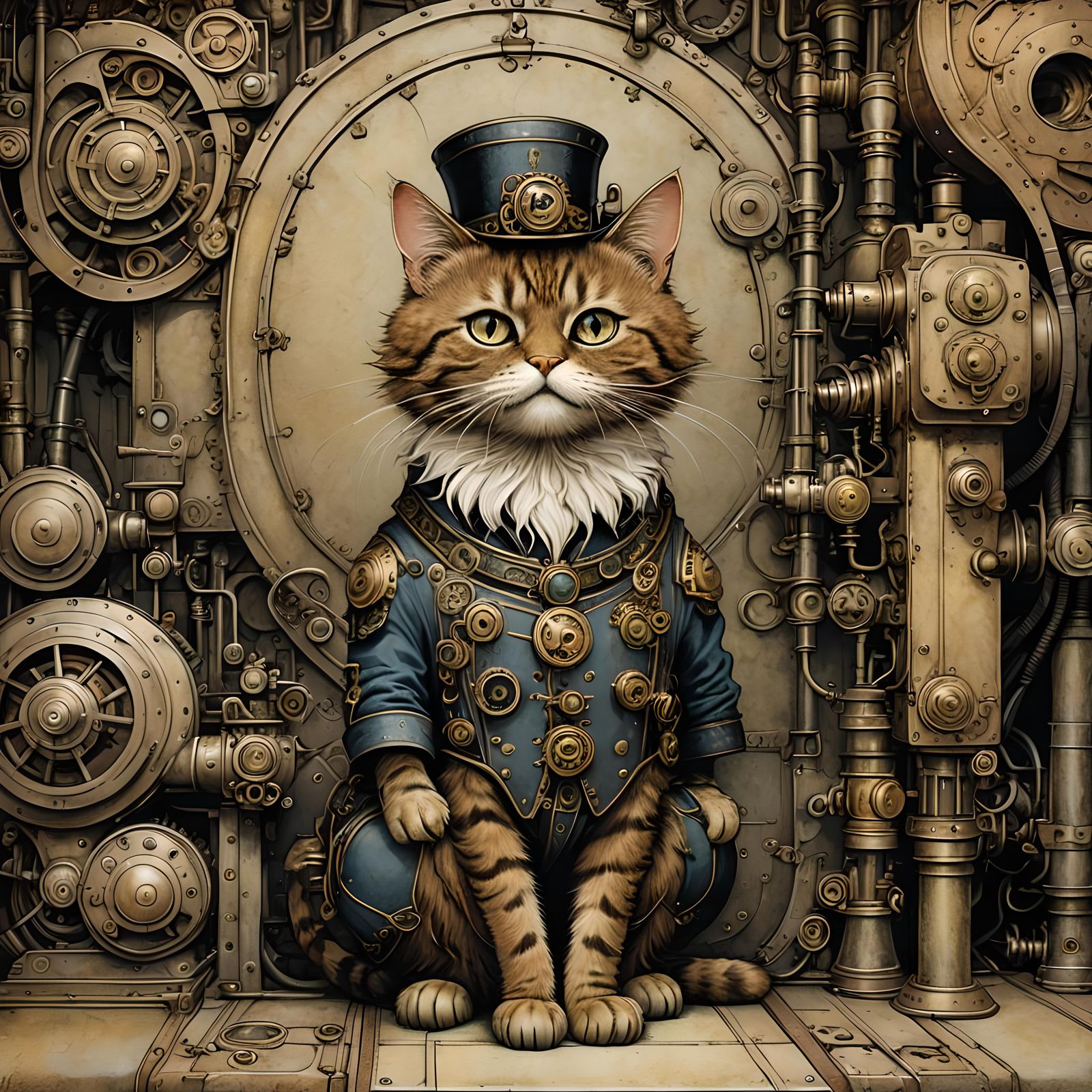 Steampunk Cat with Engine, Fairy Tale Illustration