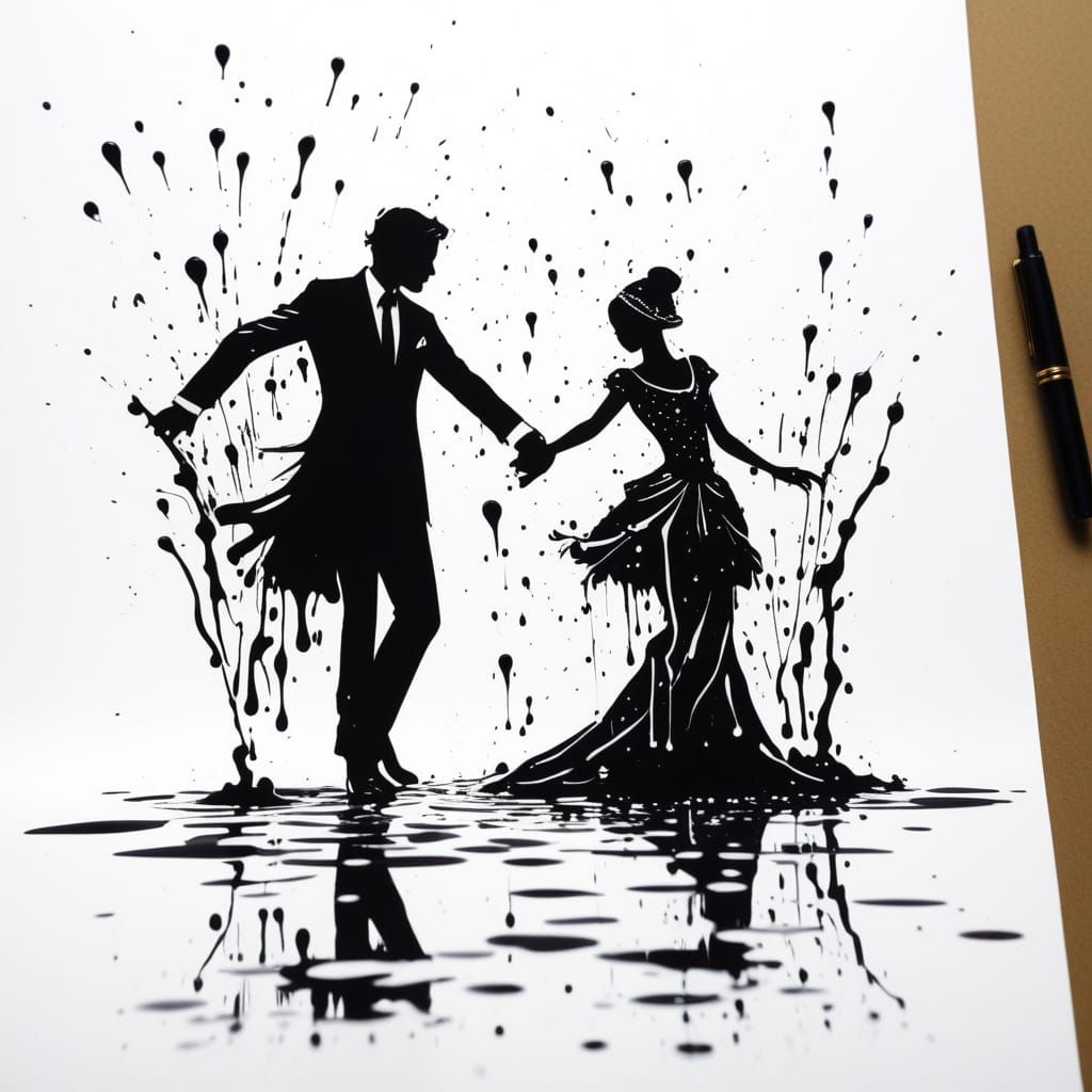 Ink Dance: Couple Silhouettes Emerge from Dripping Pen