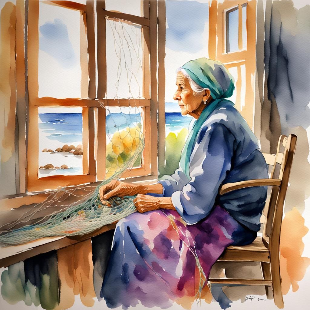 Watercolor Portrait of Fisherman's Wife Weaving a Net