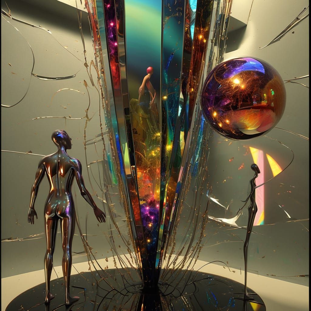 Tommy Danger and Ms Zing are falling into infinitely complex structure made of alien biomechanical nanobits highly refle...