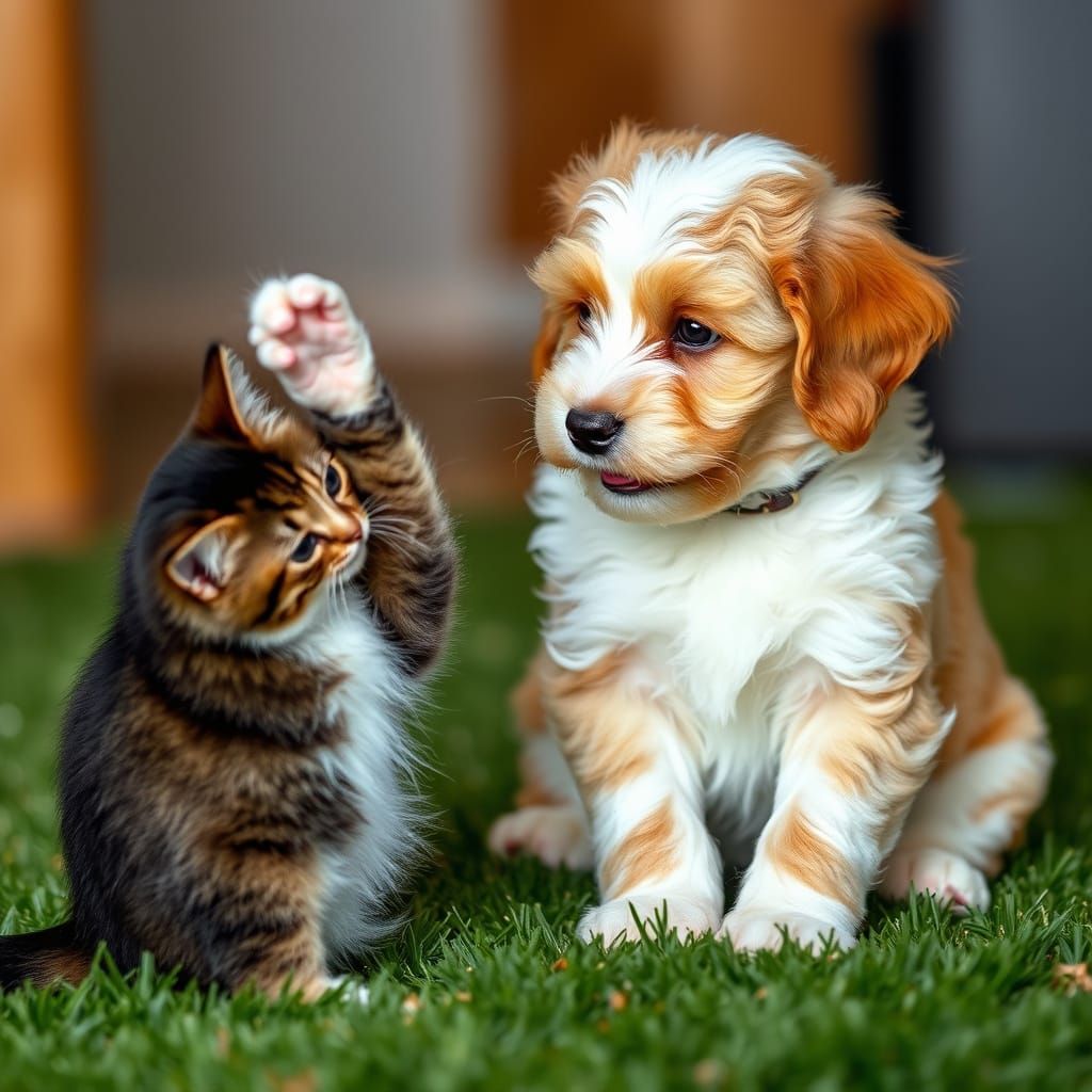 Goldendoodle Puppy Plays with Ragdoll Cat