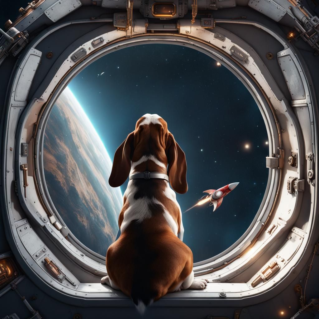 Basset Hound in Space Rocket, Detailed Matte Painting