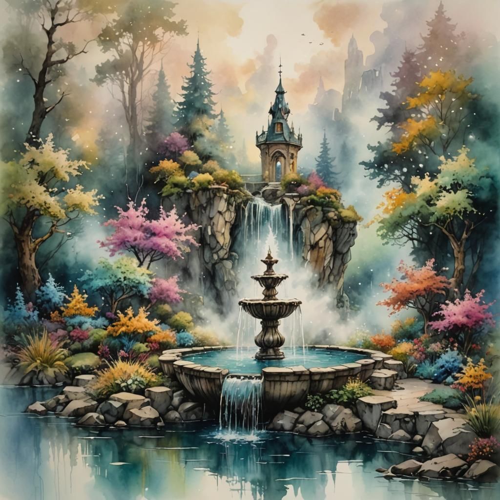 Magical Fountain in Alcohol Ink and Watercolor Wash
