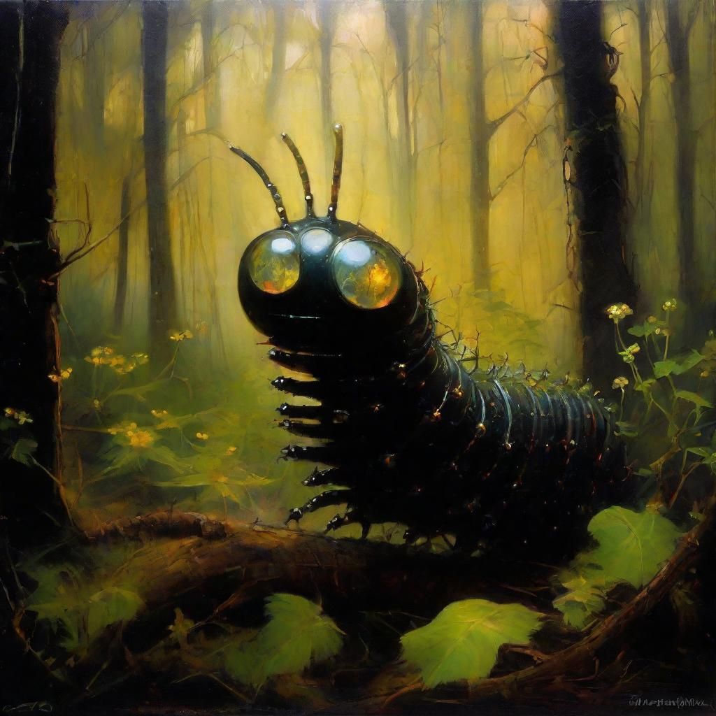 Glowing-Eyed Caterpillar in Alien Cyberpunk Forest
