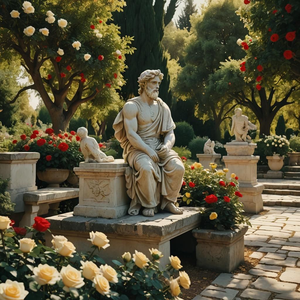 Serene Garden with Greek Gods in Cinematic Style