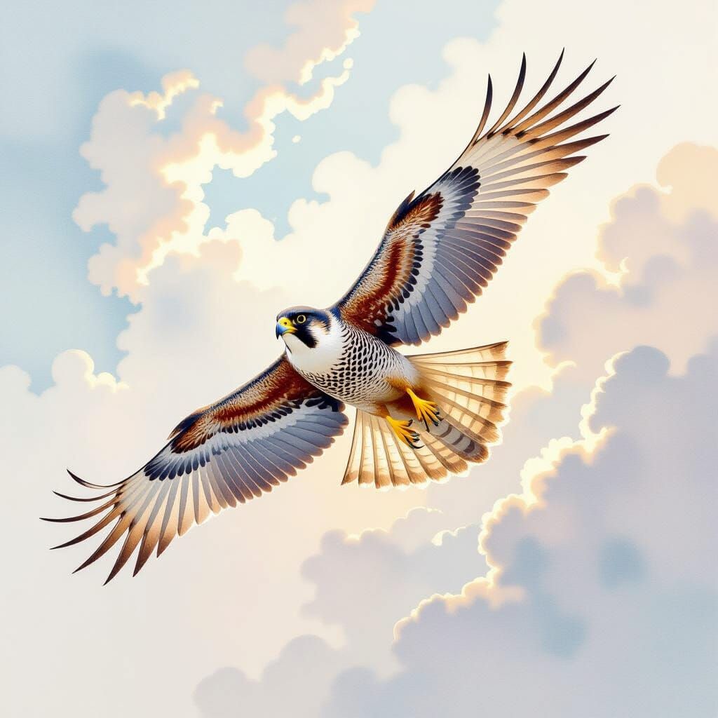 Falcon Soaring Through Ethereal Watercolor Sky