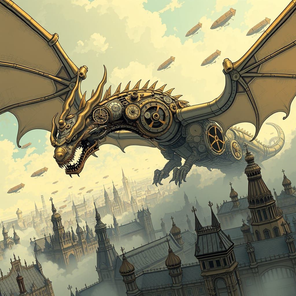 Clockwork Dragon Soars Above Steampunk City